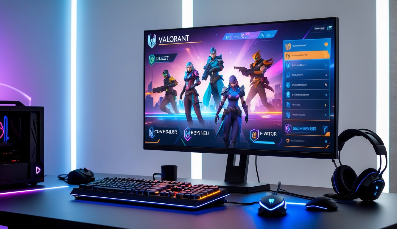 Sebuah setup gaming modern dengan komputer menampilkan gameplay Valorant yang memperlihatkan berbagai peran agen dalam permainan.