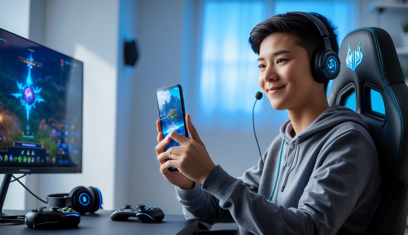 Seorang pemain muda sedang asyik bermain game di ponsel di ruangan dengan pencahayaan hangat dan perlengkapan gaming di sekitar.