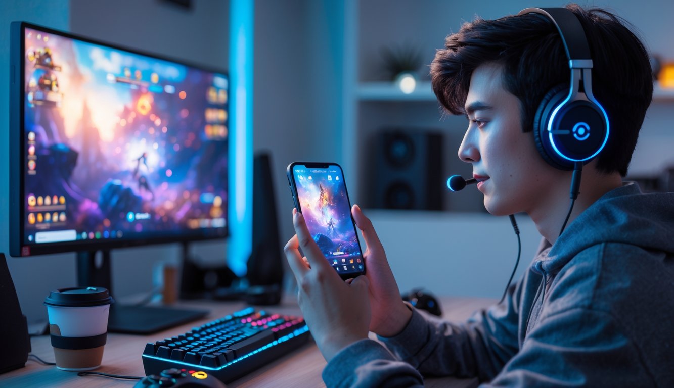 Seorang pemain muda fokus bermain game di smartphone dengan latar belakang layar komputer yang menampilkan suasana permainan fantasi.