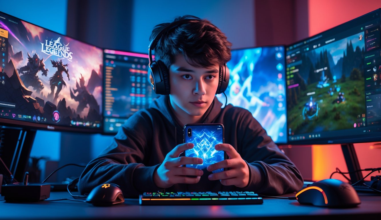 Seorang pemain muda fokus bermain game League of Legends: Wild Rift di smartphone dengan layar dan perlengkapan gaming di sekitarnya.