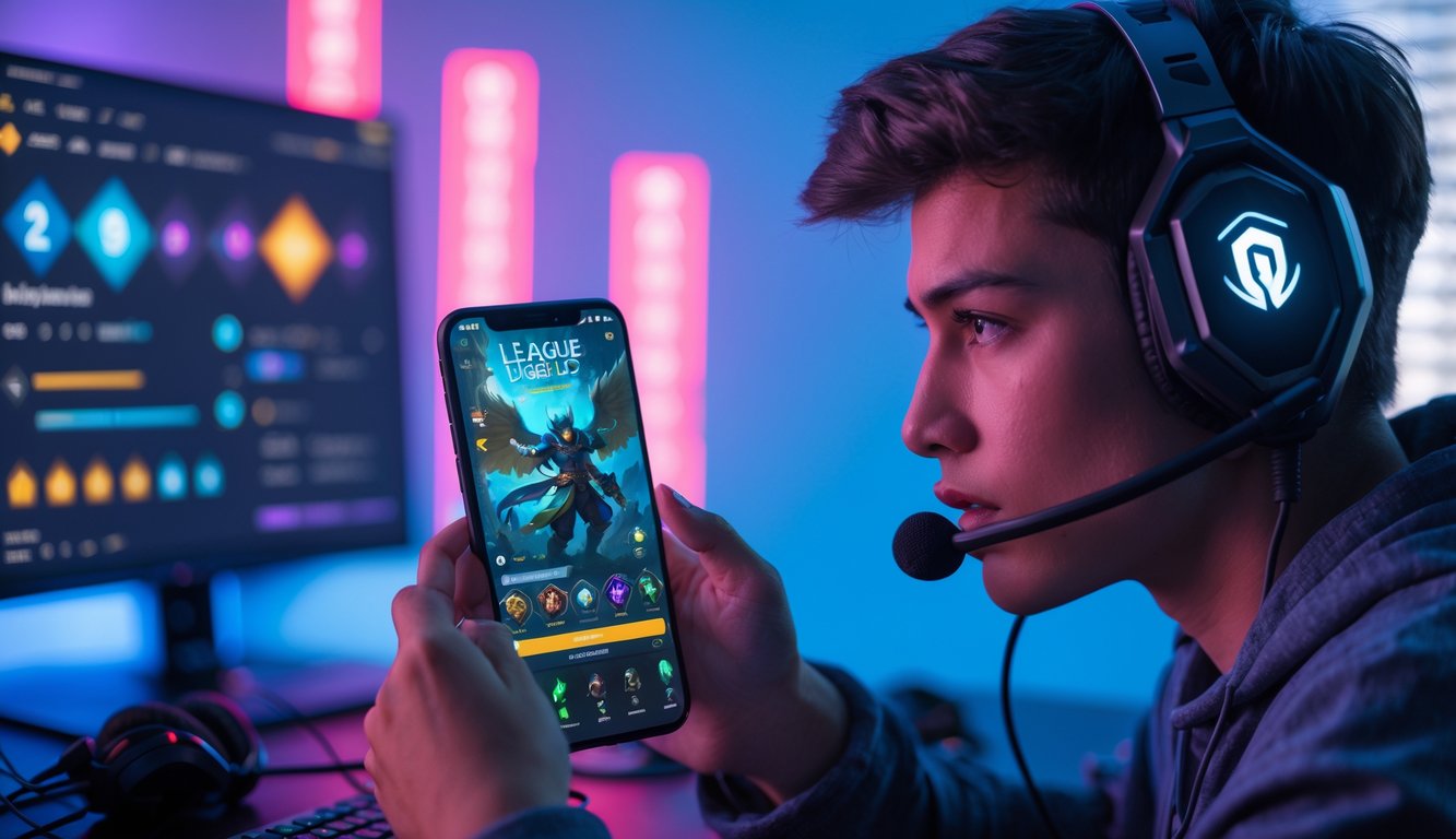 Seorang gamer muda fokus bermain League of Legends: Wild Rift dengan latar belakang setup gaming modern dan tampilan sistem peringkat digital.
