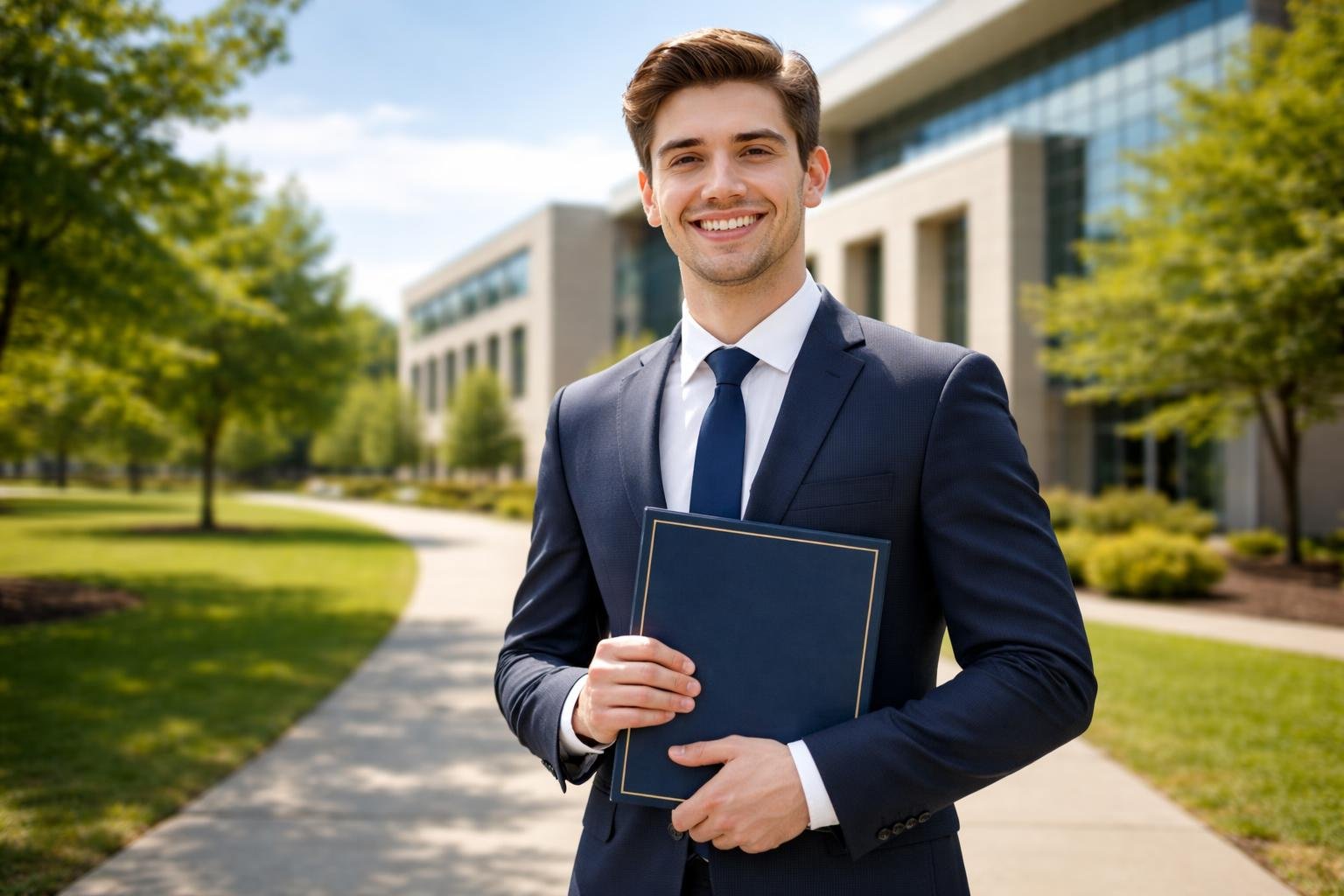فارغ‌التحصیلی جوانی که در مقابل ساختمان دانشگاه ایستاده و مدرک تحصیلی خود را در دست دارد.