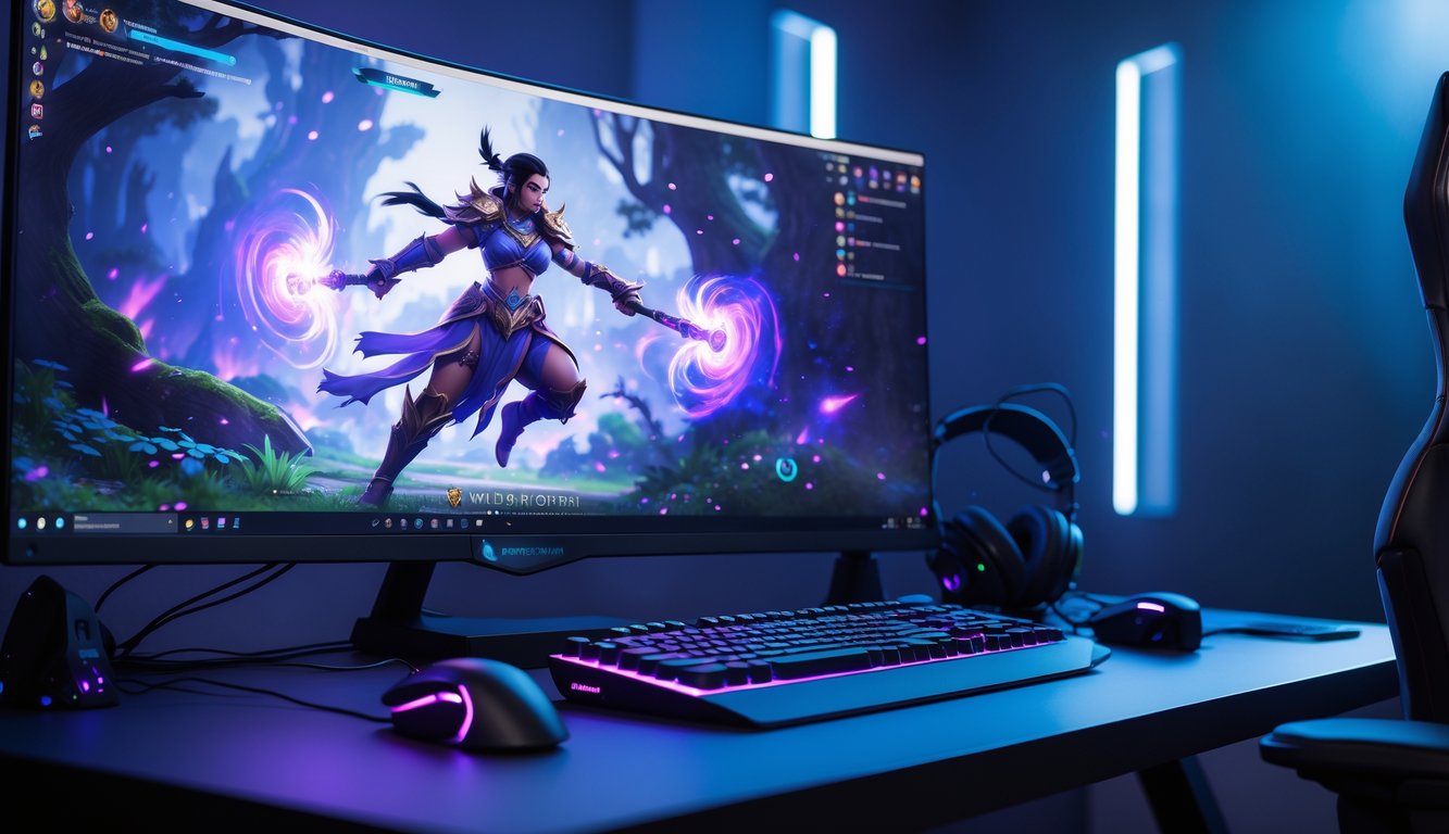 Sebuah meja gaming dengan layar menampilkan karakter pahlawan kuat sedang bertarung dalam permainan video.