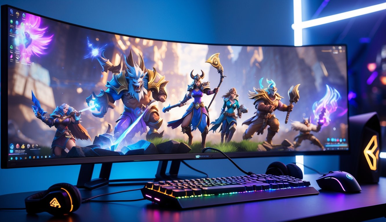 Sebuah setup gaming dengan monitor besar menampilkan karakter fantasi dari permainan, dilengkapi dengan keyboard, mouse, dan headset di meja gaming.