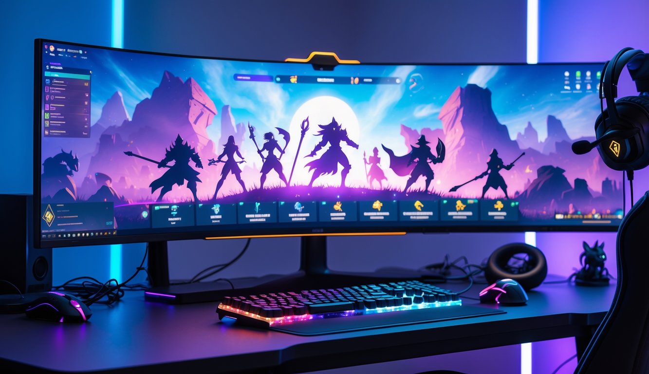 Meja gaming dengan monitor besar menampilkan pertempuran fantasi dari permainan Wild Rift, dengan keyboard dan mouse gaming serta lampu LED berwarna biru dan ungu di latar belakang.