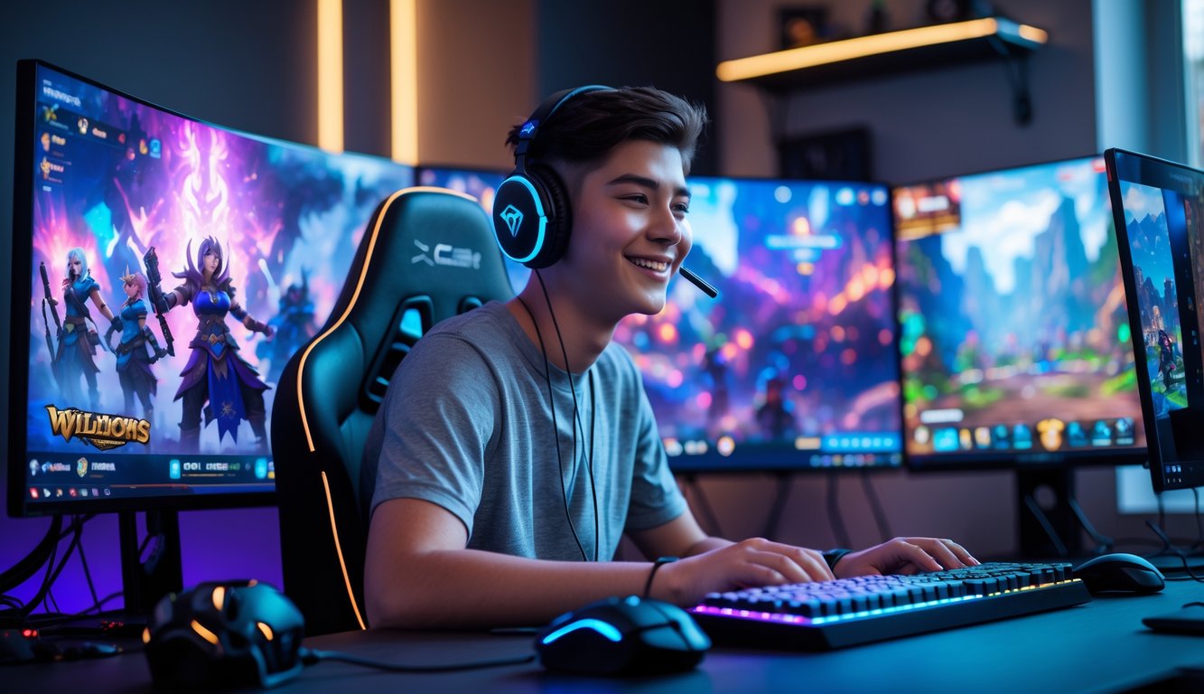 Seorang pemain muda sedang bermain game di meja dengan beberapa layar komputer dan headset, terlihat fokus dan senang.
