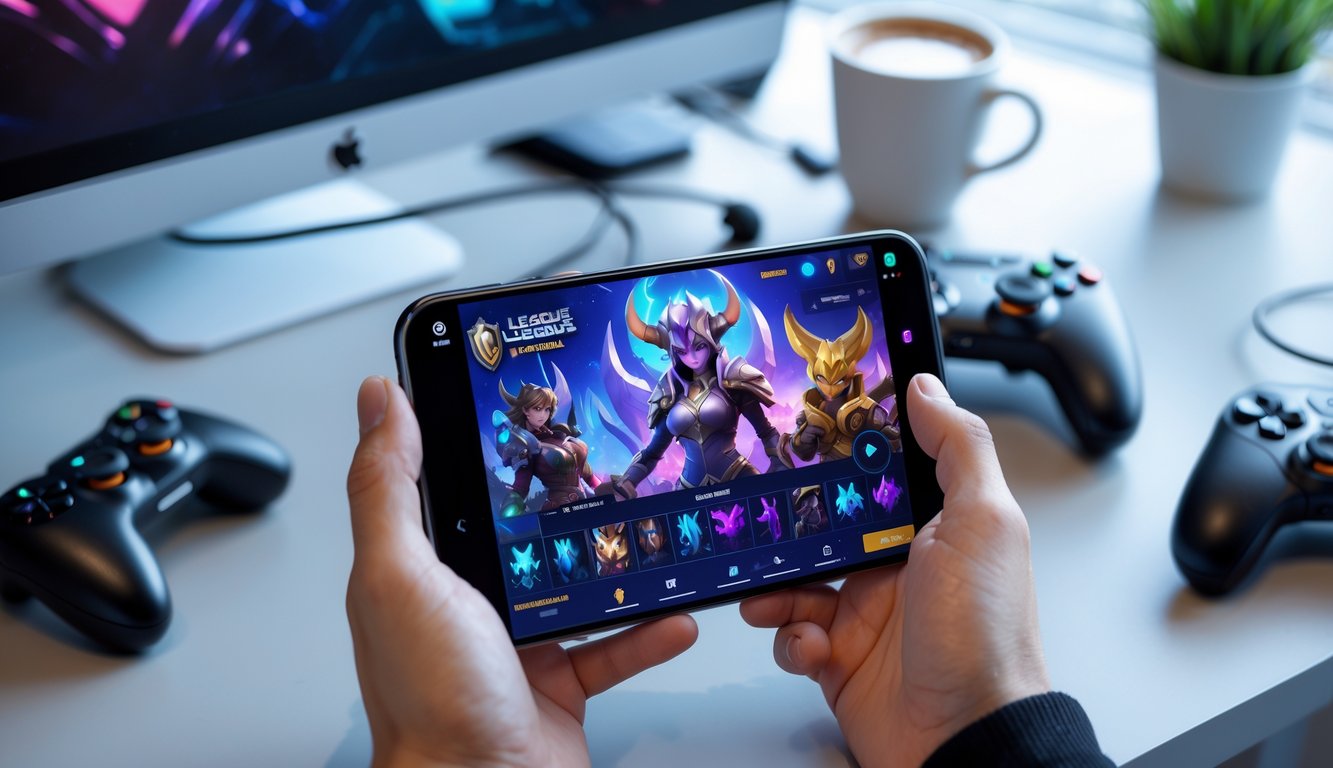Seseorang memegang ponsel yang menampilkan permainan Wild Rift dengan aksesori gaming di meja.