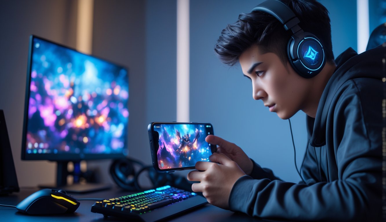 Seorang pemain muda fokus memainkan game di smartphone di ruangan gaming dengan lampu LED dan perlengkapan game di sekitarnya.