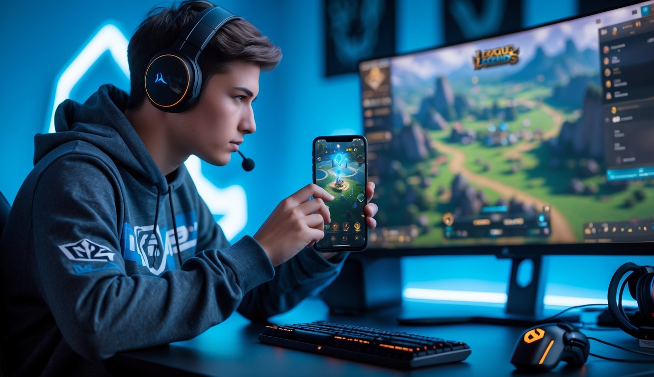 Seorang gamer muda fokus menggunakan ponsel untuk mengatur sensitivitas dalam permainan Wild Rift di meja gaming modern.