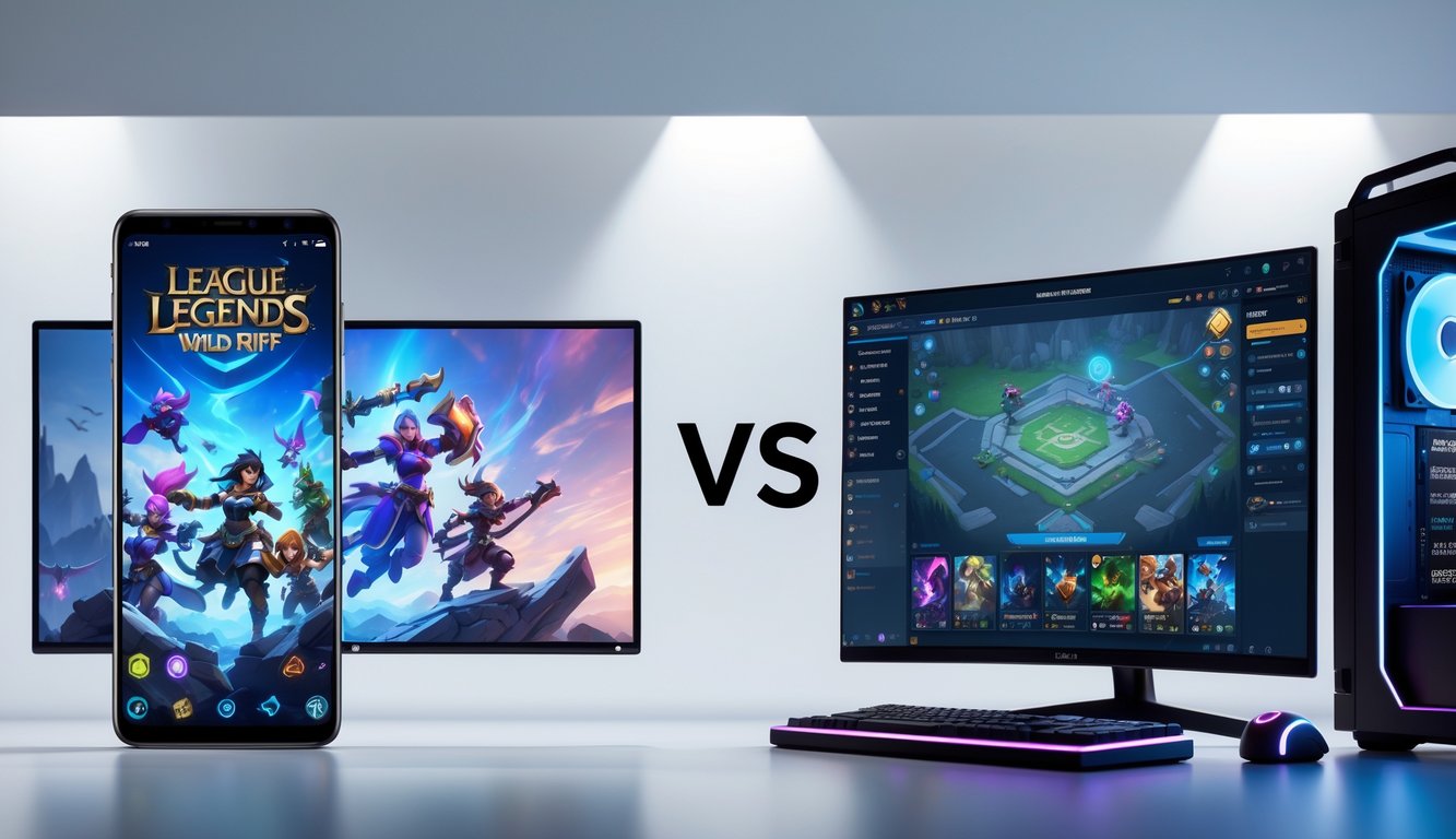 Perbandingan antara permainan League of Legends: Wild Rift di smartphone dan versi PC yang ditampilkan pada monitor komputer di sebuah ruangan gaming.