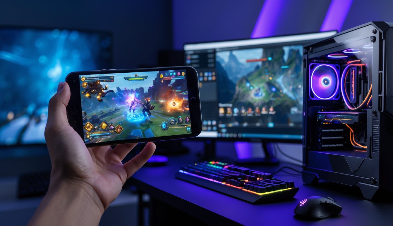 Sebuah foto yang menampilkan perbandingan gameplay antara game mobile di smartphone dan game PC di monitor komputer dalam sebuah ruangan bermain modern.