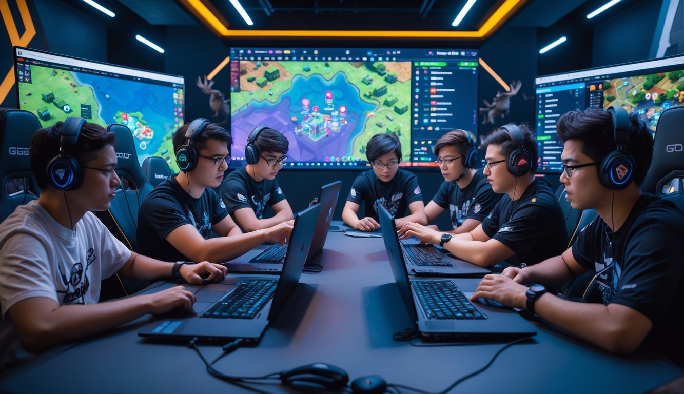 Sekelompok pemain esports sedang berdiskusi dan merencanakan strategi di depan laptop dengan peta permainan League of Legends: Wild Rift.