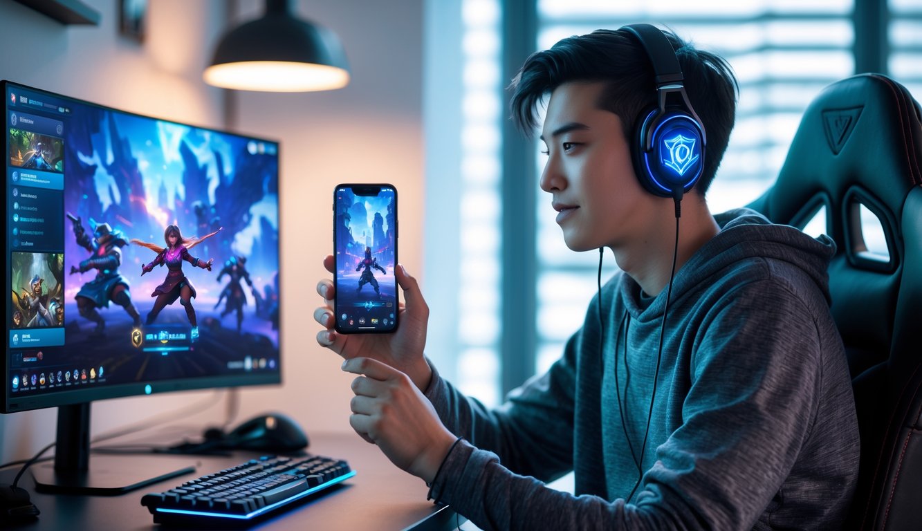 Seorang pria muda sedang bermain game League of Legends: Wild Rift di ponsel cerdas di dalam ruangan yang nyaman.