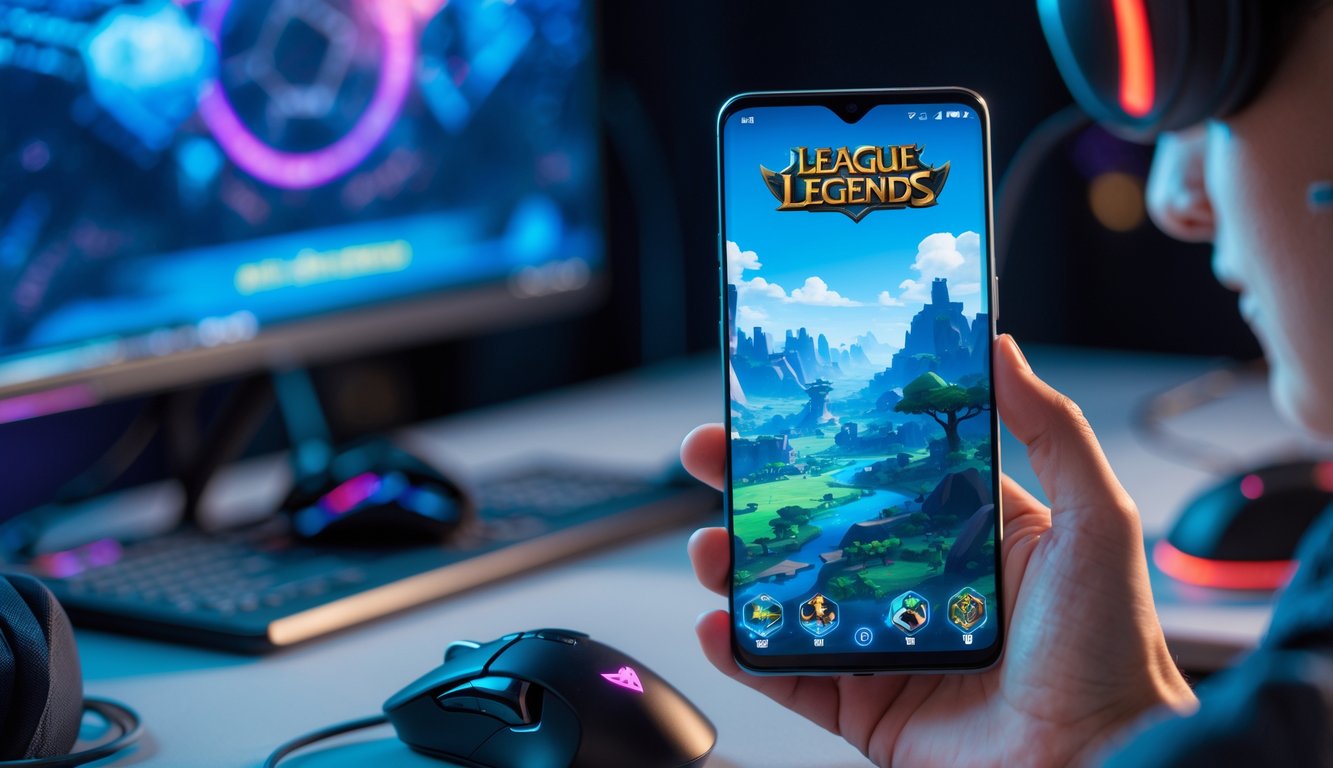 Seorang gamer memegang smartphone yang menampilkan permainan League of Legends: Wild Rift di lingkungan gaming yang nyaman dengan perangkat teknologi di sekitarnya.
