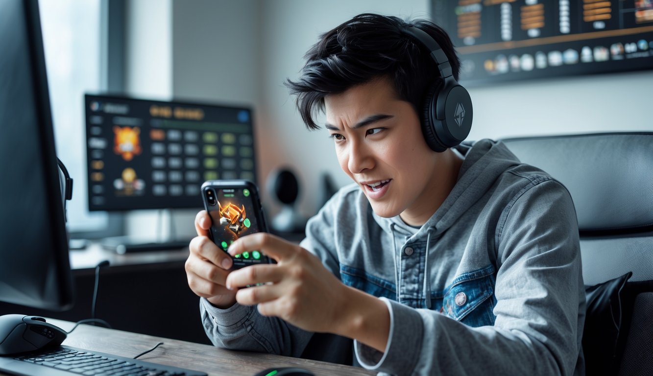 Seorang pemuda fokus bermain game di ponsel di dalam ruangan yang nyaman dengan perlengkapan gaming di sekitar.