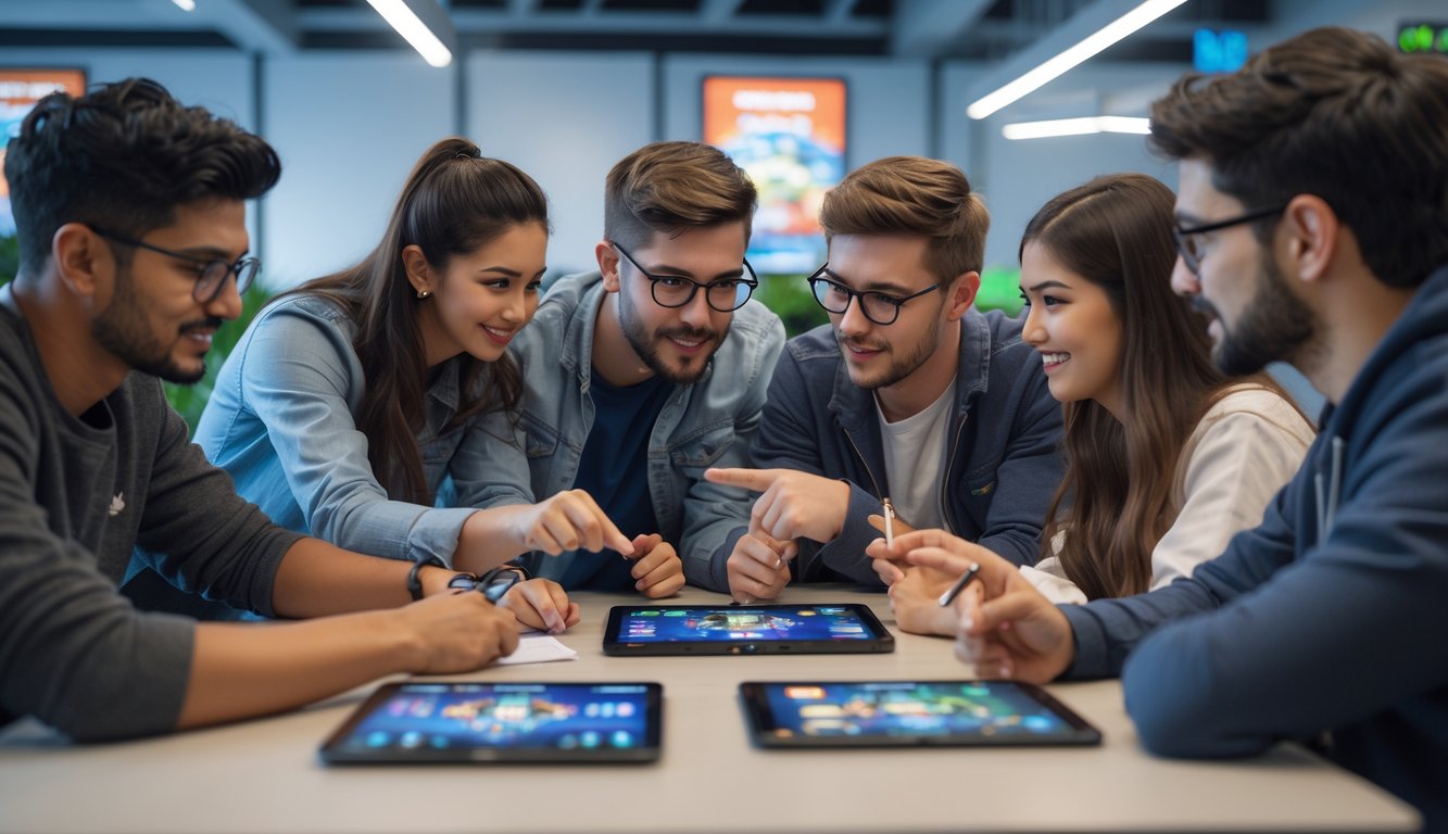 Sekelompok orang muda sedang berdiskusi dan bekerja sama di meja dengan perangkat digital, fokus pada strategi permainan mobile.