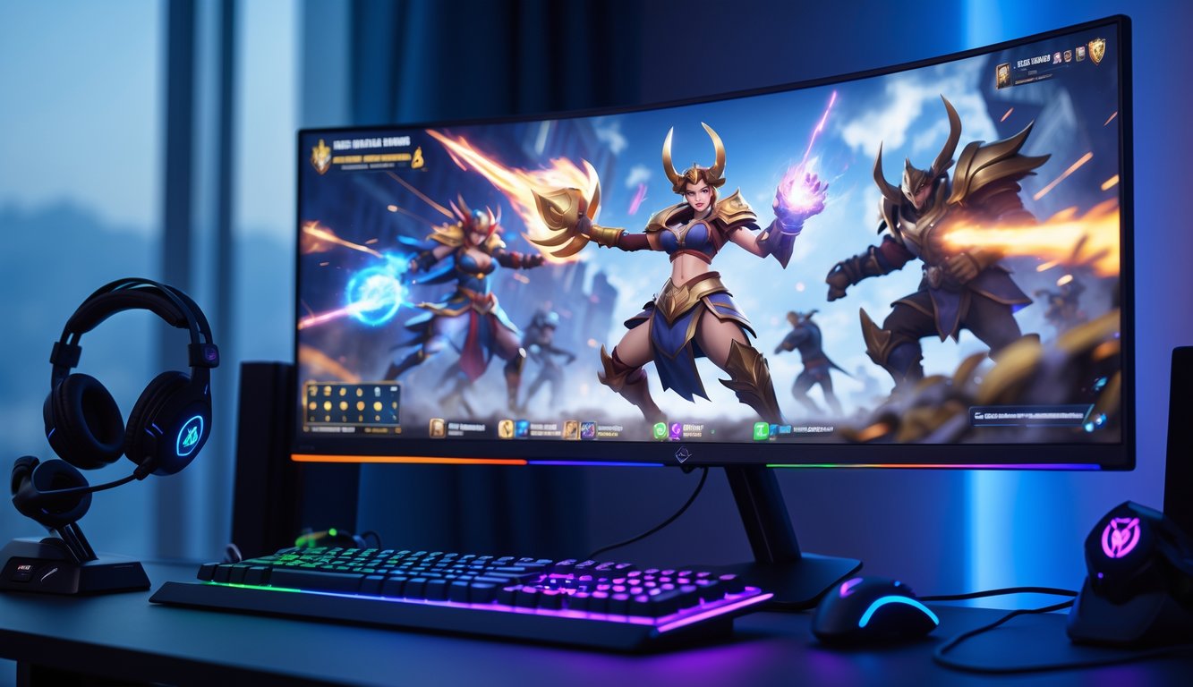 Sebuah meja gaming dengan monitor besar menampilkan karakter pahlawan kuat dari permainan Mobile Legends sedang bertarung, dikelilingi oleh perlengkapan gaming seperti keyboard dan mouse.