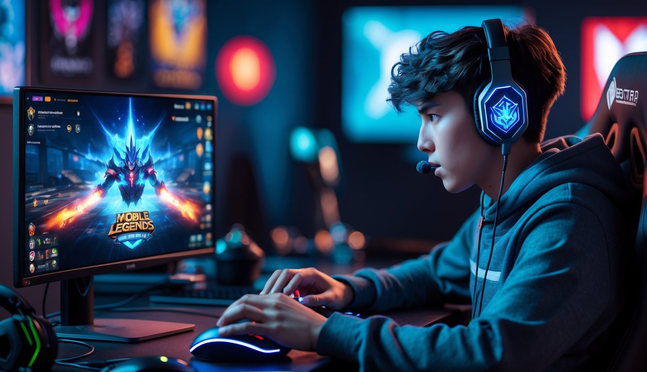 Seorang pemain muda fokus bermain Mobile Legends: Bang Bang di ponsel di ruang permainan yang nyaman.