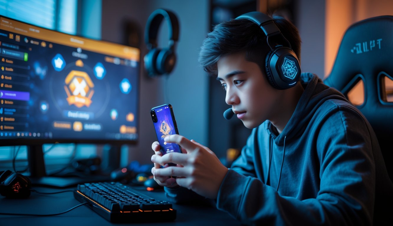 Seorang gamer muda sedang fokus bermain Mobile Legends: Bang Bang di ponsel dengan latar belakang meja gaming dan monitor yang menampilkan antarmuka permainan.