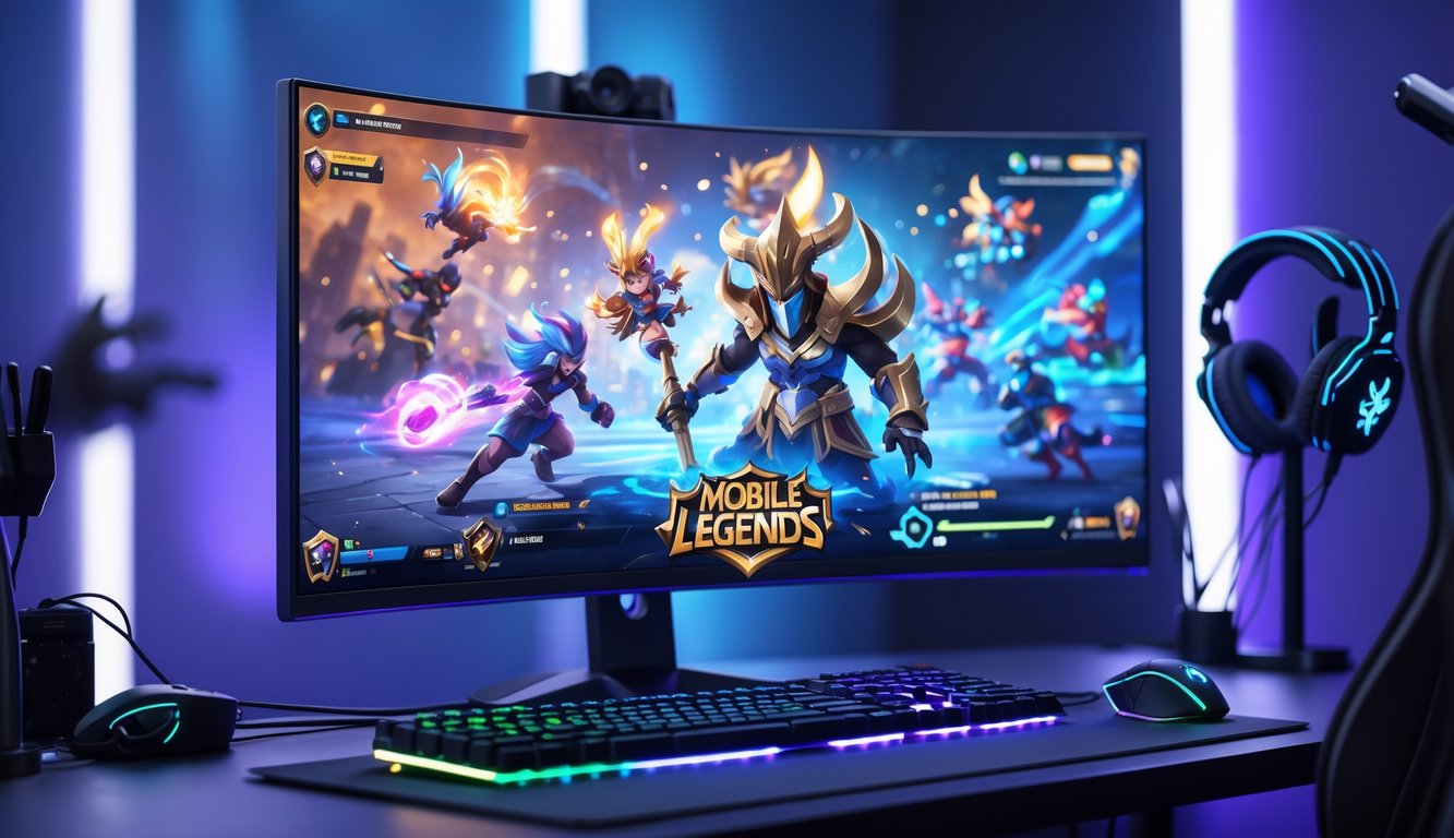 Sebuah meja gaming dengan monitor besar menampilkan adegan pertarungan hero Mobile Legends yang sedang bertarung, dilengkapi dengan keyboard, mouse, dan headphone di sekitarnya.