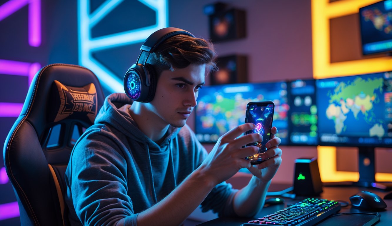 Seorang pria muda fokus bermain game di ponsel dengan latar belakang monitor dan perlengkapan gaming.