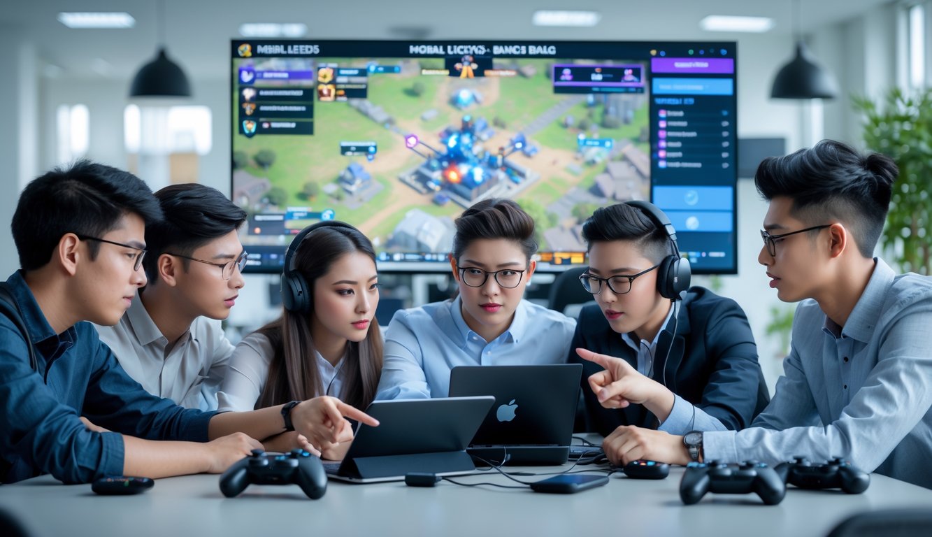Sekelompok lima orang muda sedang berdiskusi serius di meja dengan perangkat digital, merencanakan strategi permainan Mobile Legends dalam suasana kantor modern.