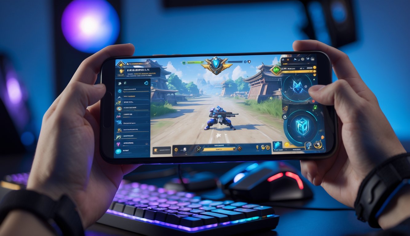Tangan memegang ponsel yang menampilkan permainan Mobile Legends dengan latar belakang setup gaming yang samar.