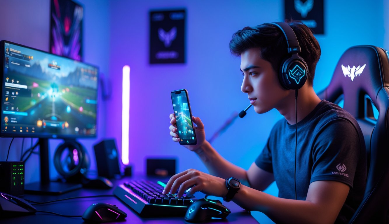 Seorang gamer muda fokus bermain Mobile Legends: Bang Bang di smartphone dengan suasana ruangan berlampu biru dan ungu serta perlengkapan gaming di meja.