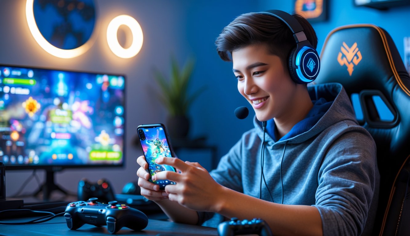 Seorang gamer muda sedang bermain game mobile dengan latar belakang dekorasi bertema game dan aksesori gaming di meja.