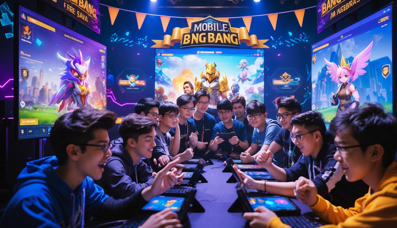 Sekelompok pemain muda sedang bermain Mobile Legends di acara resmi dengan layar besar menampilkan karakter dan skin dalam game.