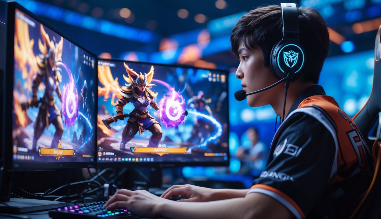 Seorang pemain esports sedang fokus bermain Mobile Legends dengan latar belakang setup gaming modern dan tampilan permainan hero yang sedang menggunakan combo skill.