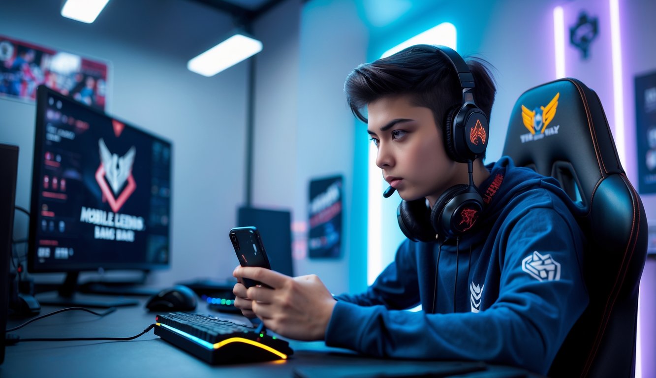 Seorang pemain muda sedang fokus bermain Mobile Legends menggunakan ponsel di sebuah meja dengan perlengkapan gaming.