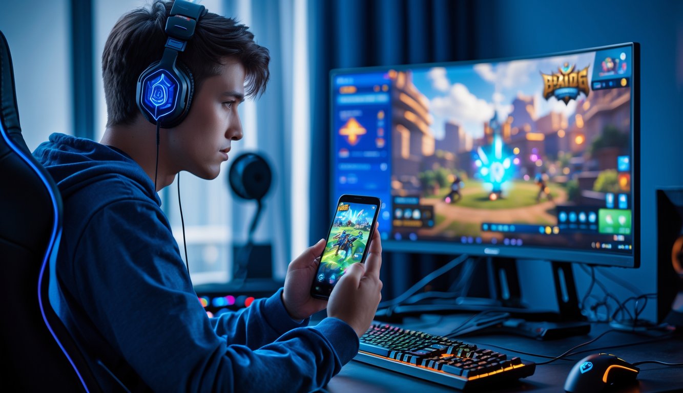 Seorang pria muda fokus bermain game Mobile Legends menggunakan smartphone di meja dengan peralatan gaming.