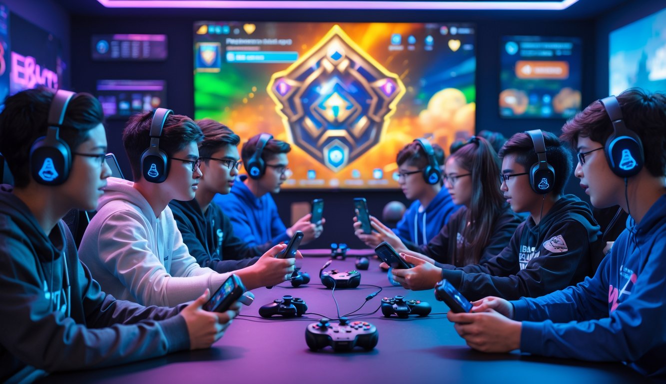 Sekelompok pemain muda fokus bermain Mobile Legends: Bang Bang di sebuah ruangan gaming dengan layar besar dan peralatan game.
