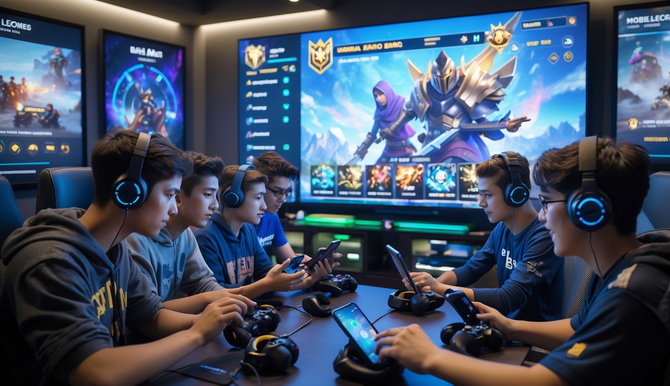Sekelompok pemain muda sedang bermain game mobile bersama di depan layar besar dengan antarmuka permainan yang cerah dan beragam karakter game terlihat.