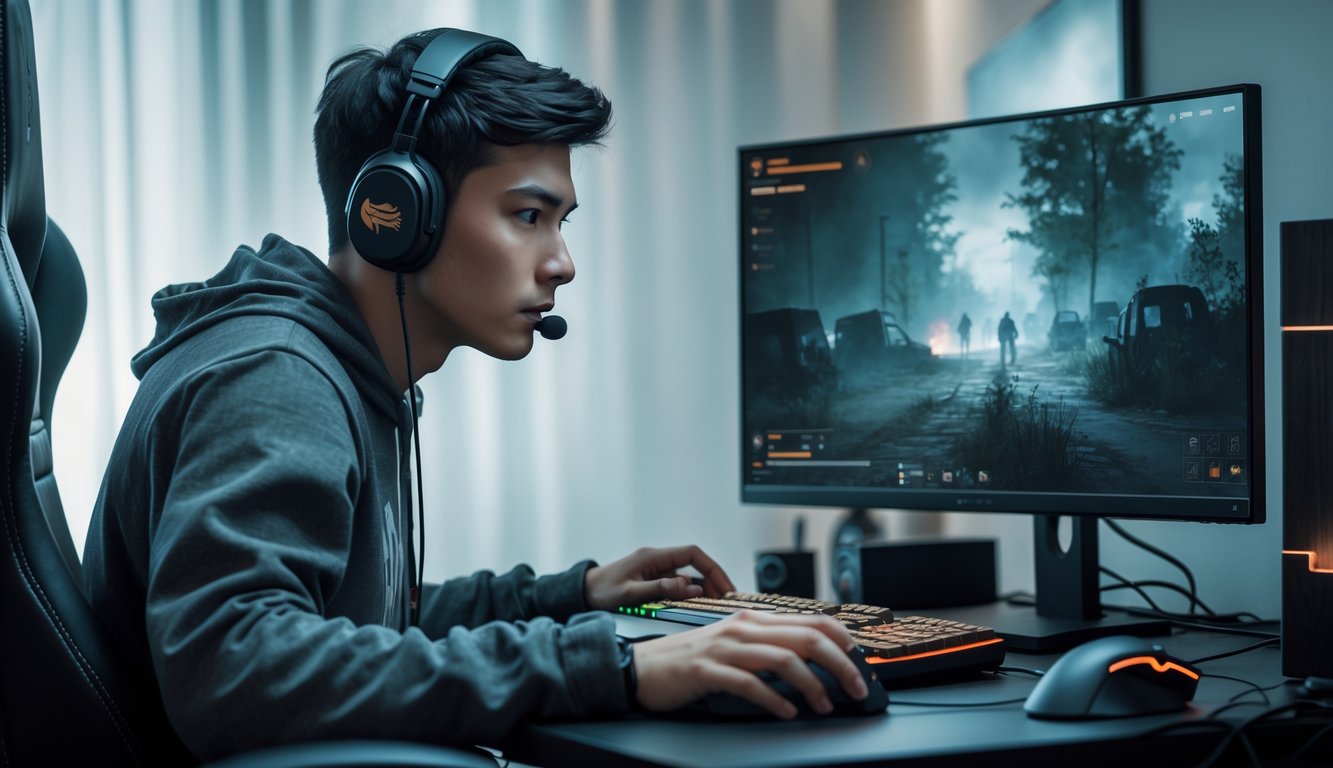 Seorang pemain muda sedang fokus bermain video game horor di komputer dengan headset di dalam ruangan.