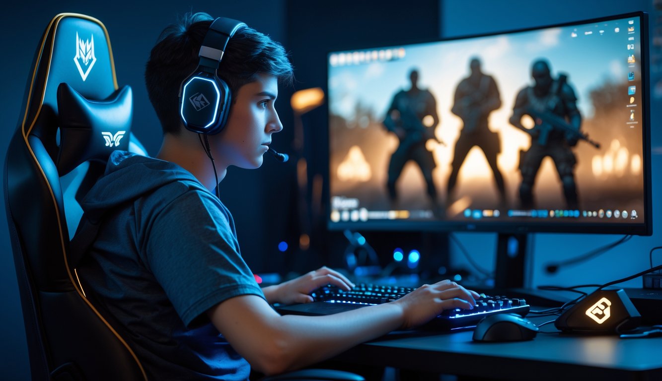 Seorang pemain muda fokus bermain Dead by Daylight di depan monitor dengan peralatan gaming lengkap di ruangan gelap.