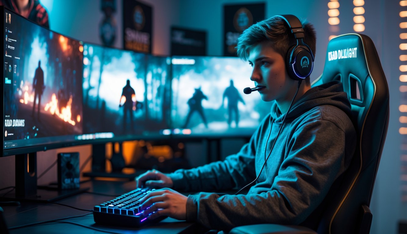 Seorang pemain muda fokus bermain Dead by Daylight di depan beberapa monitor dengan suasana gaming yang gelap dan intens.