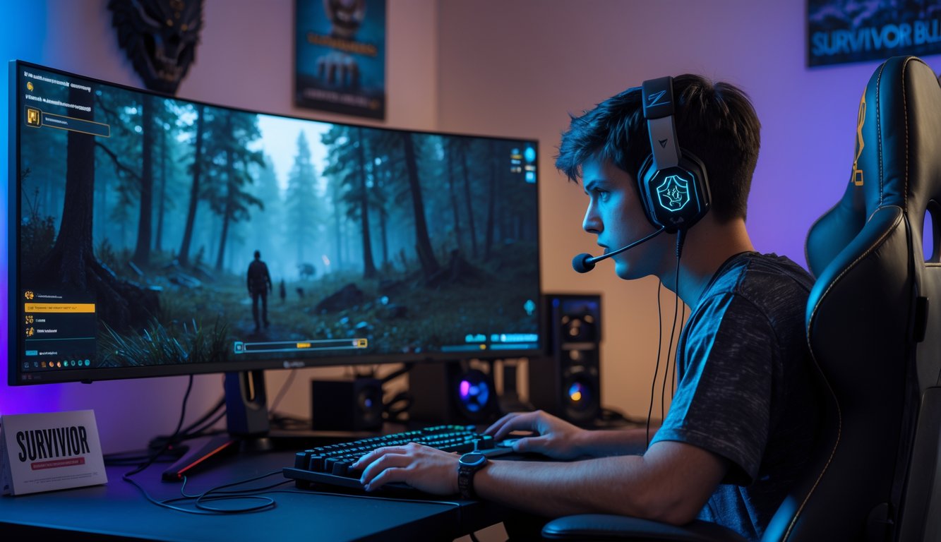 Seorang pemain muda fokus bermain Dead by Daylight di depan layar komputer dalam ruangan dengan pencahayaan RGB.