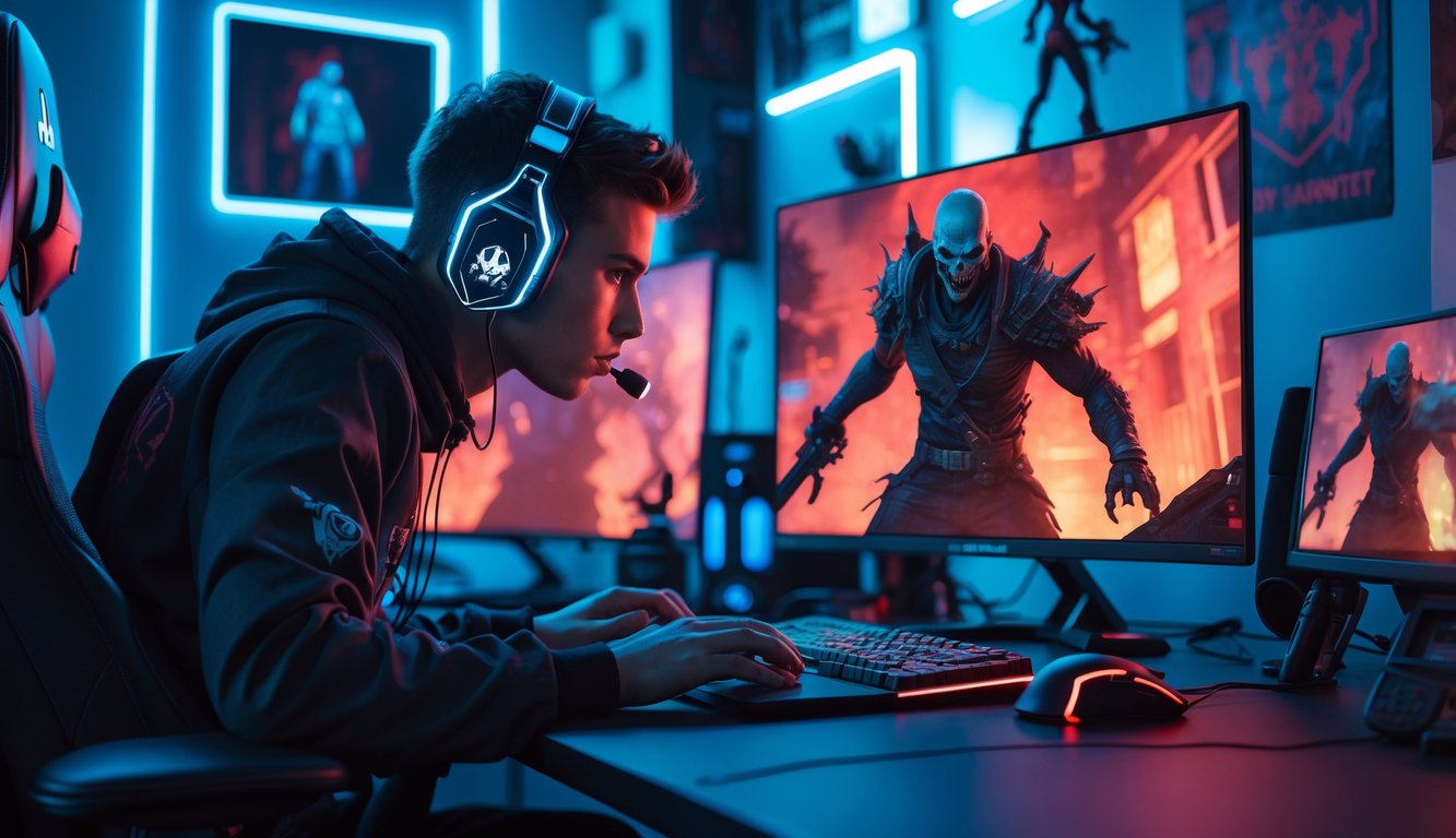 Seorang gamer muda fokus bermain Dead by Daylight dengan latar ruang gaming futuristik dan peralatan canggih.