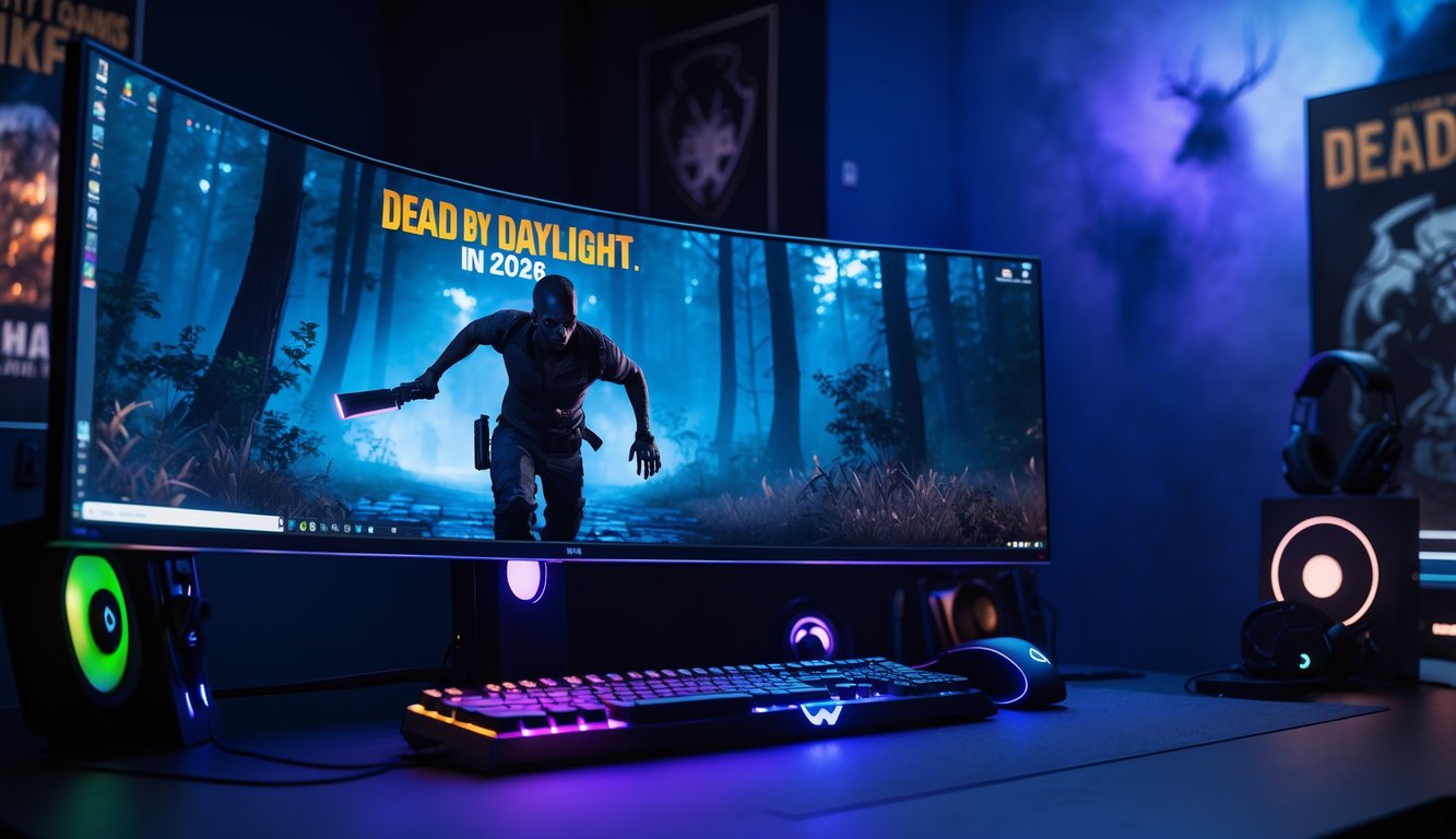 Sebuah meja gaming modern dengan monitor besar menampilkan adegan gameplay intens Dead by Daylight, menonjolkan karakter pembunuh yang kuat di hutan gelap.