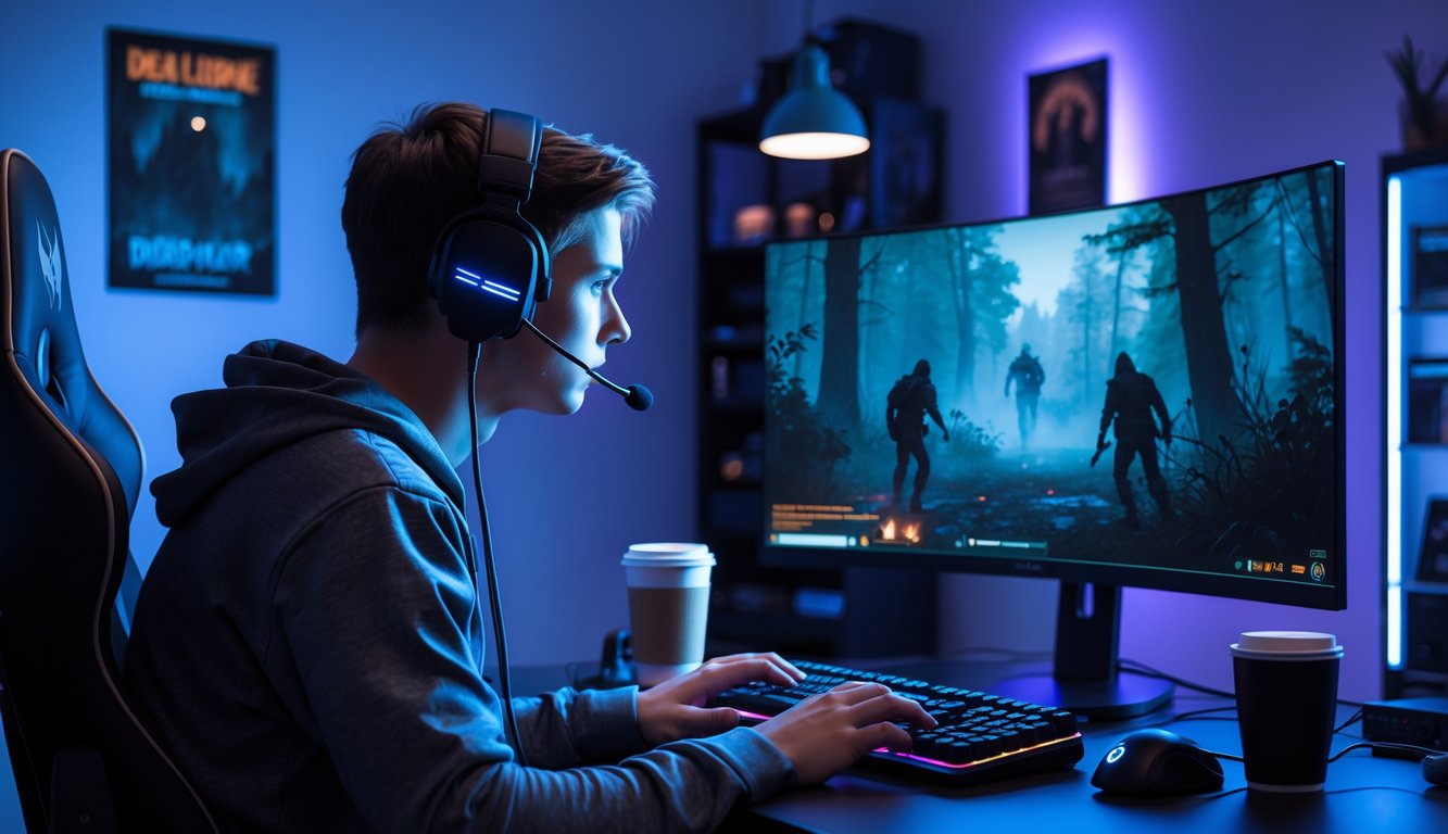 Seorang pemain solo sedang fokus bermain Dead by Daylight di depan monitor dengan suasana ruangan gelap dan pencahayaan biru ungu.