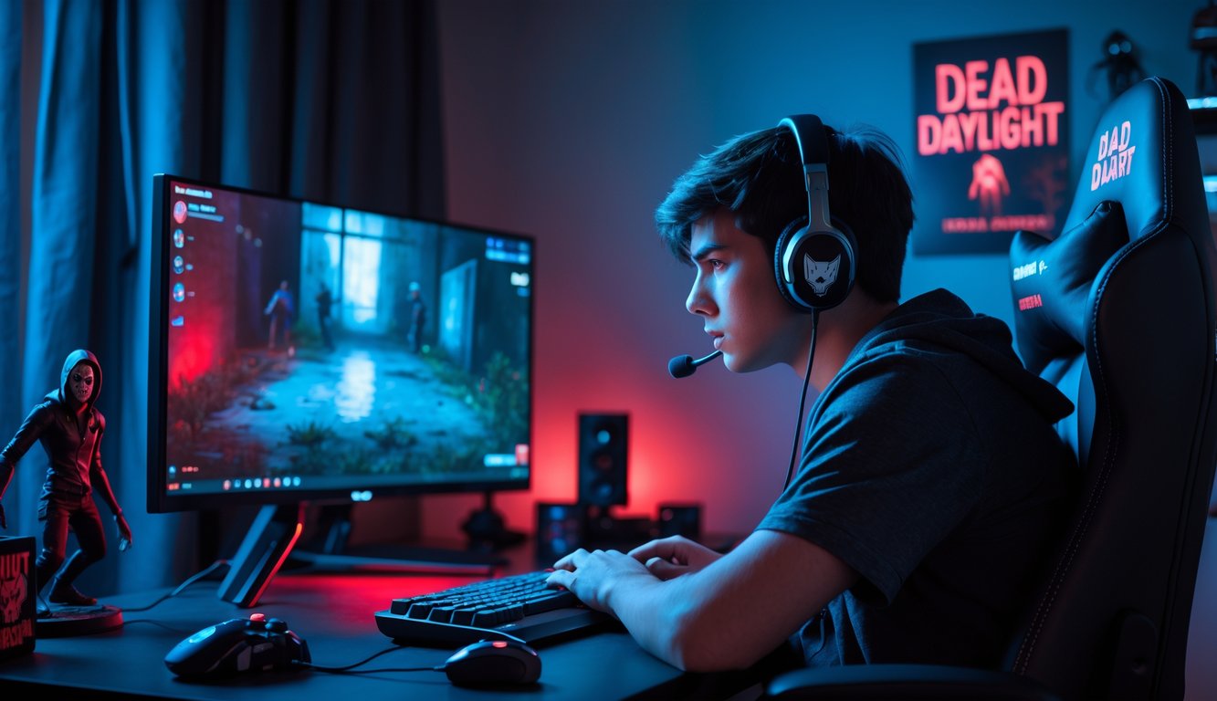 Seorang pemain solo sedang fokus bermain game Dead by Daylight di depan komputer dengan suasana ruangan yang remang dan pencahayaan warna biru dan merah.