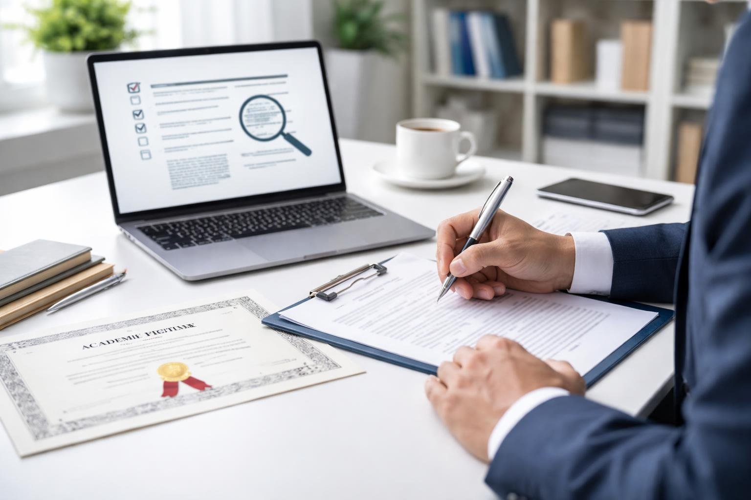 فردی در دفتر روشن و مرتب در حال بررسی مدارک تحصیلی روی میز با لپ‌تاپ و گواهی تحصیلی