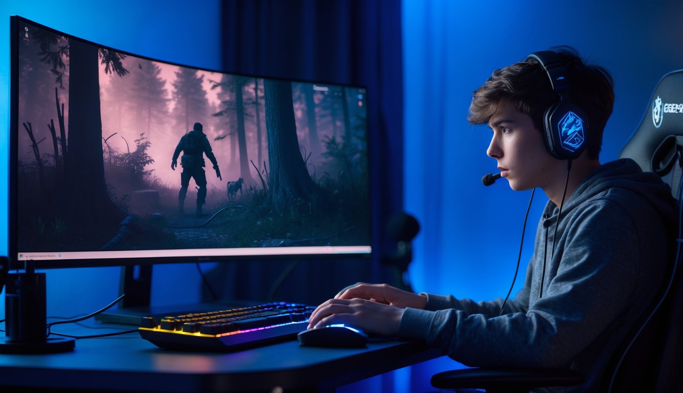 Seorang pemain game muda yang serius bermain Dead by Daylight sendirian di ruangan dengan pencahayaan redup, terlihat fokus pada layar komputer yang menampilkan suasana hutan gelap dalam permainan.