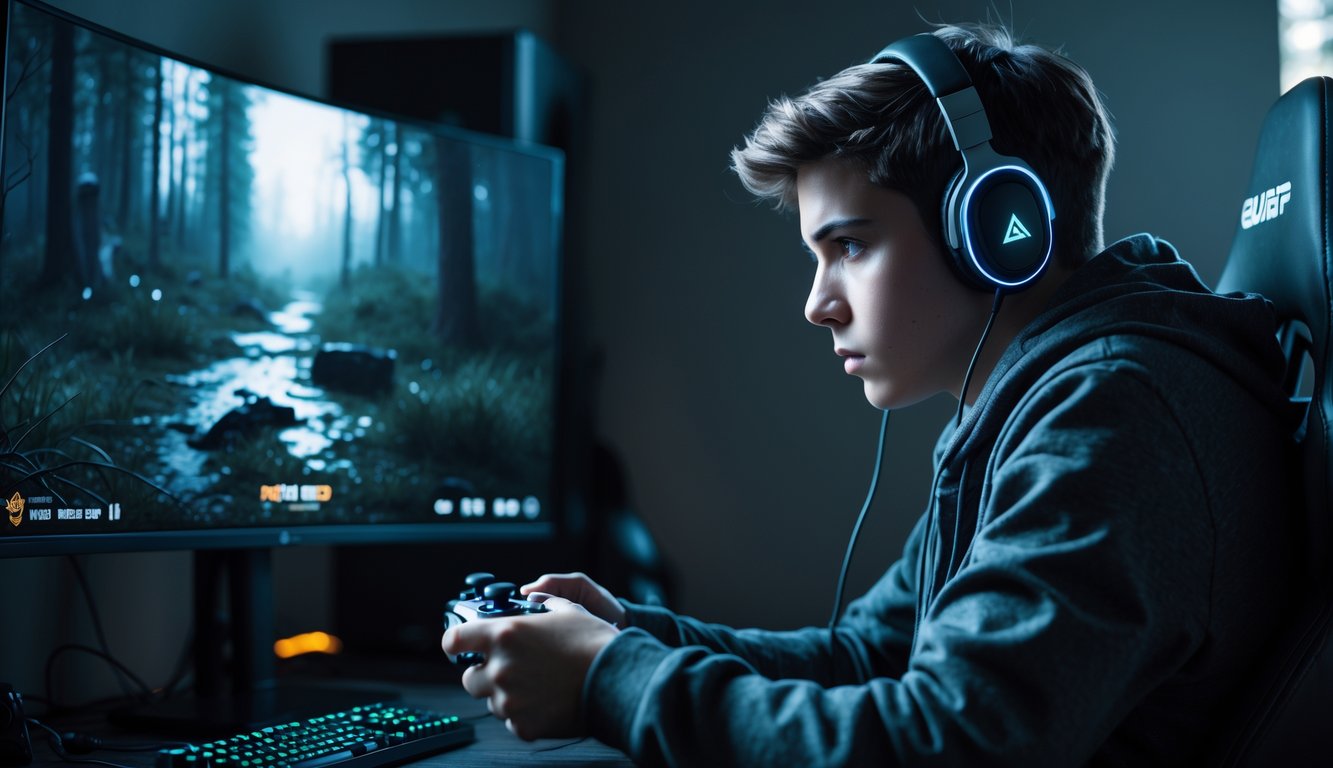 Seorang pemain muda fokus bermain video game survival horor sendirian di ruangan yang remang-remang.