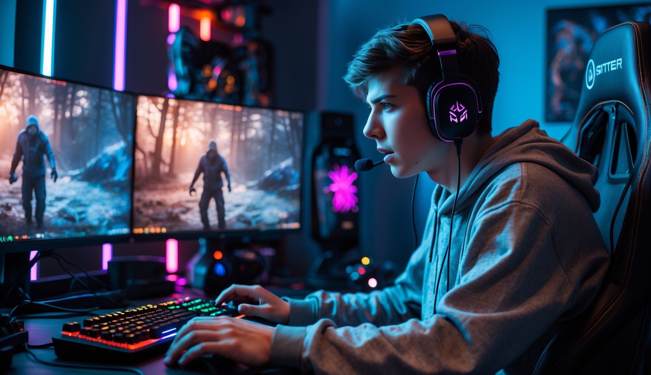 Seorang pemain muda sedang bermain video game horor bertahan hidup di depan komputer dengan pencahayaan LED berwarna di ruangan.