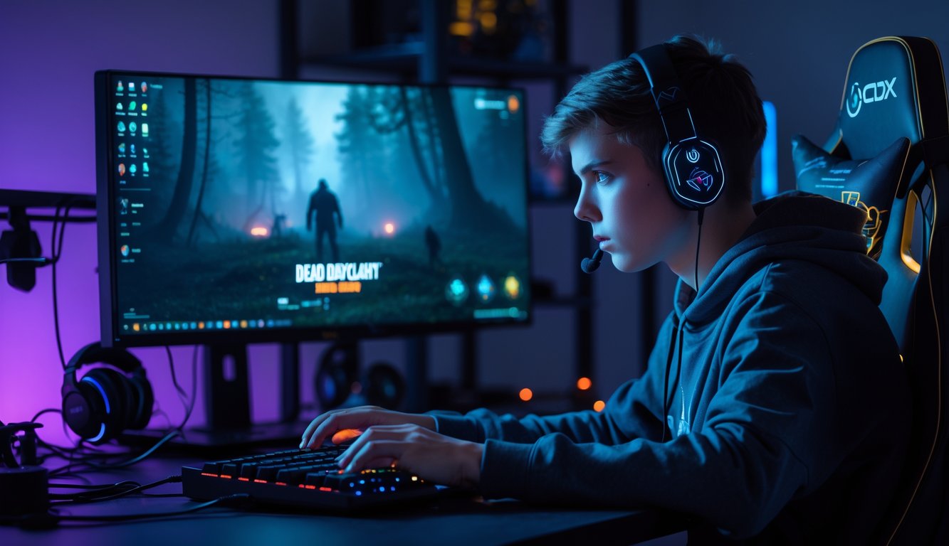 Seorang gamer muda yang fokus bermain game horor di depan komputer dengan lampu LED berwarna-warni di sekitarnya.