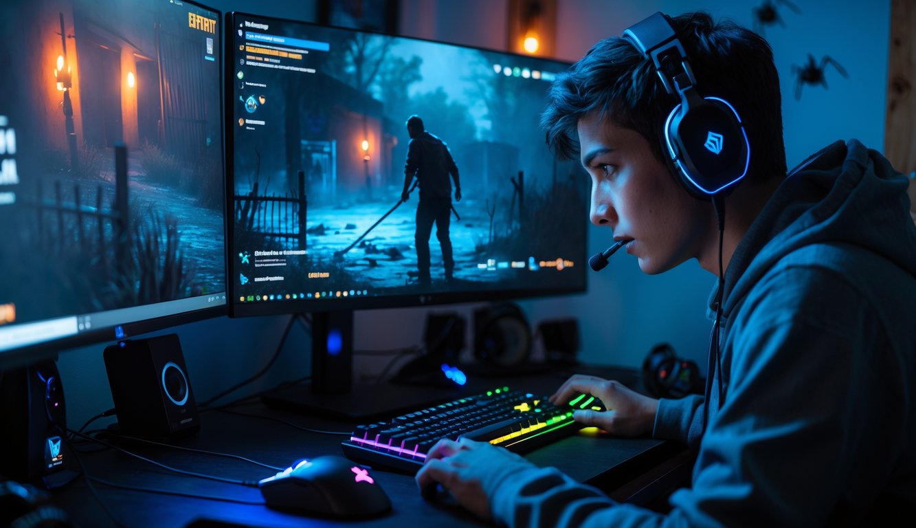 Seorang pemain muda sedang fokus bermain Dead by Daylight di depan komputer dengan pencahayaan kamar yang remang dan peralatan gaming modern.