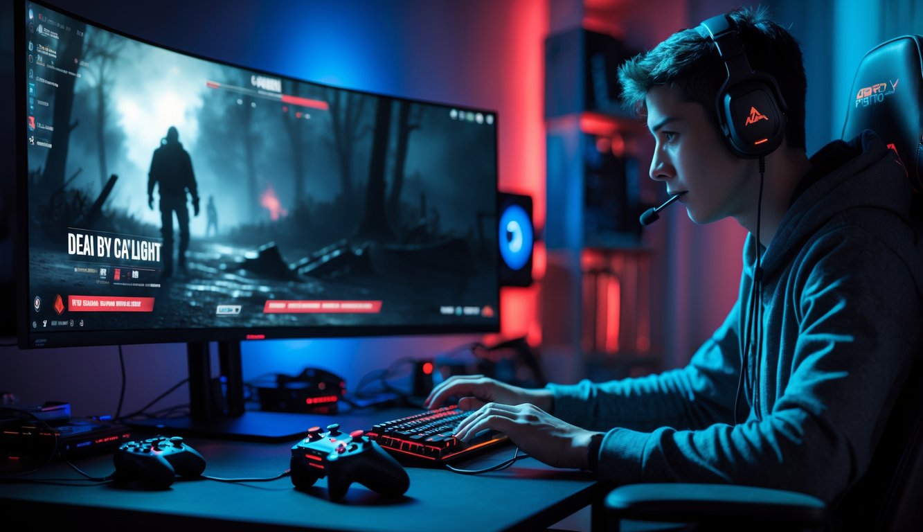 Seorang pemain video game fokus bermain di depan layar komputer dengan pencahayaan ruangan yang redup dan suasana dramatis.